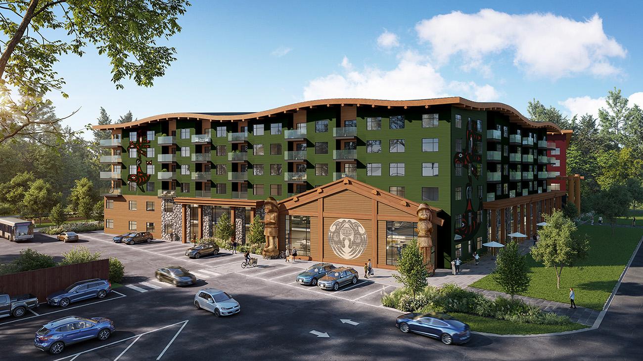 Rendering of a modern multi-story residential building with green and brown exterior, balconies, totem poles, and landscaped surroundings