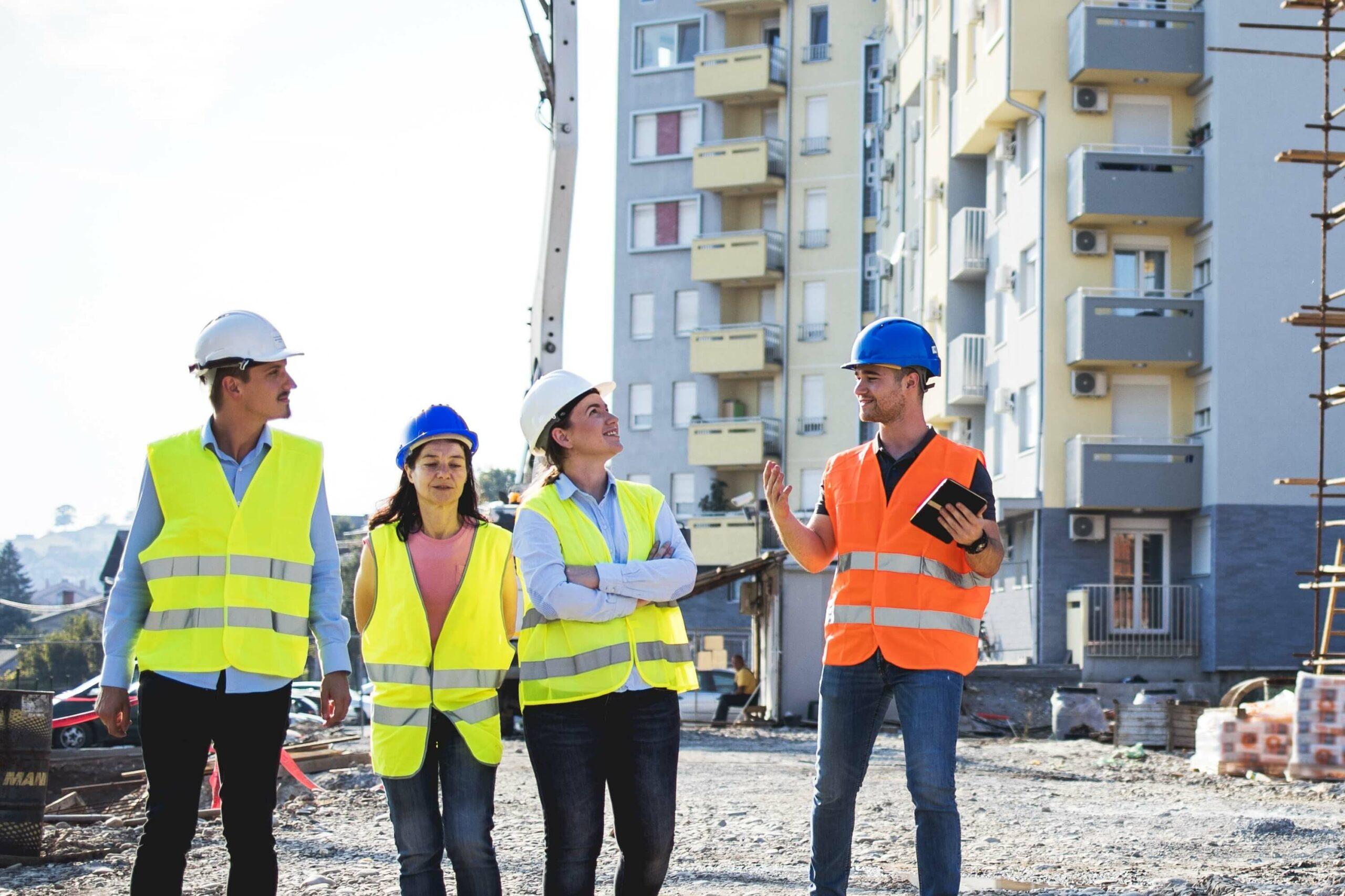 Construction workers talking on a construction site